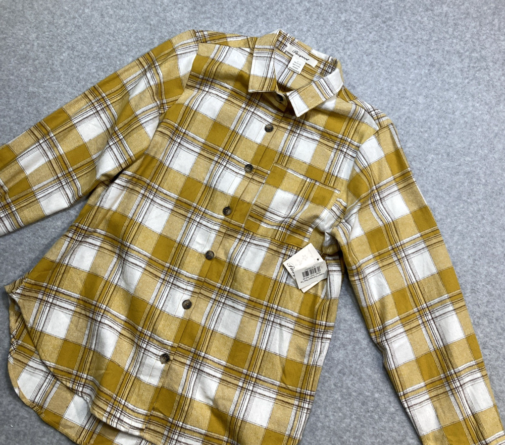 Women's Shirt NWT Large Passport Button Up Long Sleeve White Yellow Brown Plaid
