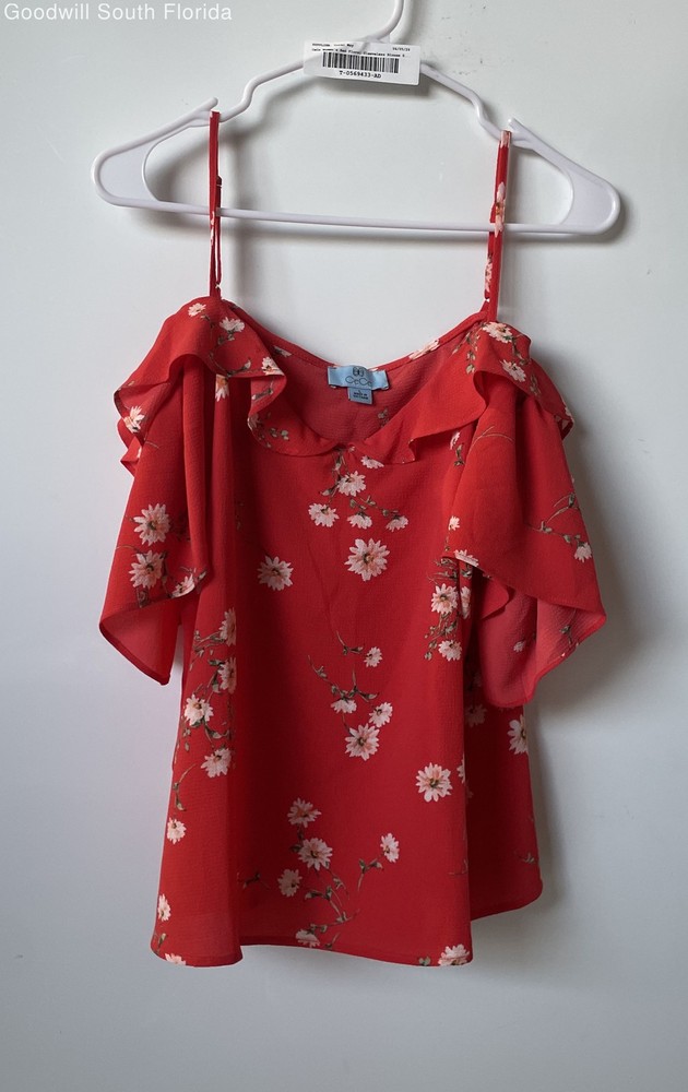 CeCe Womens Red Floral Short Sleeve Cold-Shoulder Pullover Blouse Top Size Large