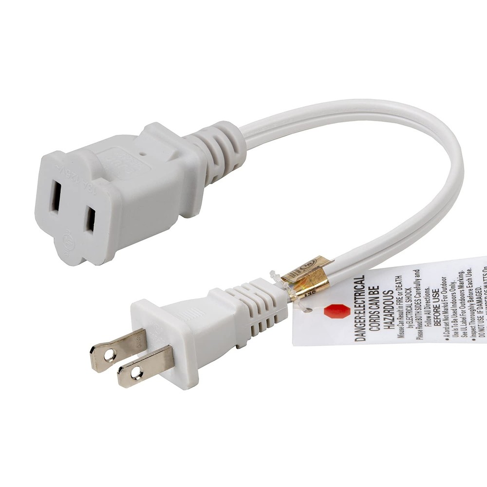 White Short 1-Foot 1FT Polarized US 2-Prong Male-Female Extension 1FT,