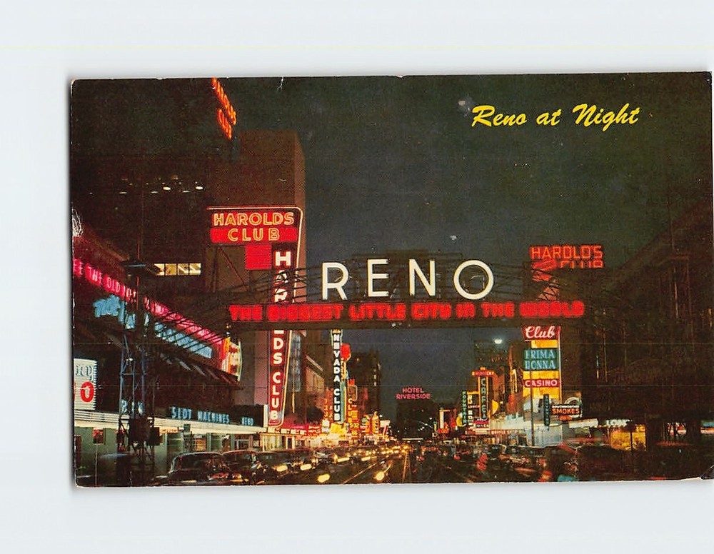Postcard Reno Arch at Night & Virginia Street Reno Nevada USA