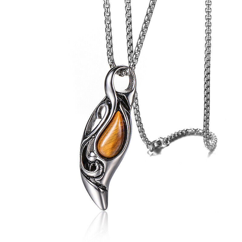 Vintage Tiger Eye Stone or Black Agate Pendant Necklace Stainless Steel Jewelry