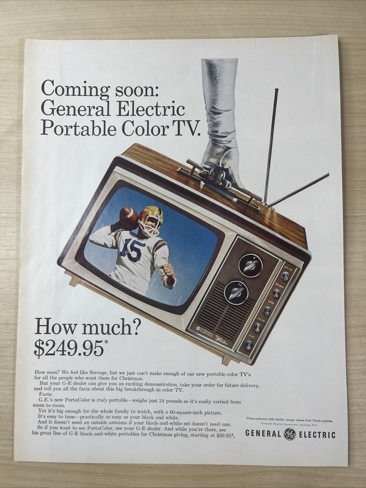 General Electric Portable Color TV 1965 Vintage Print Ad Life Magazine