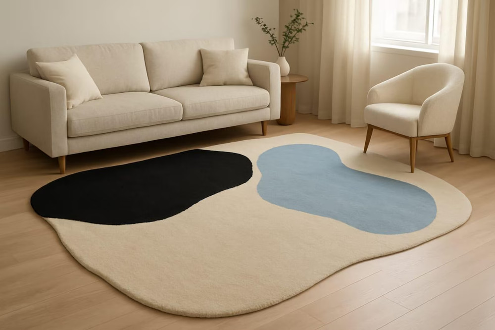 New Hand Tufted Abstract Area Rug: Modern Beige, Blue & Black 5x7 ft
