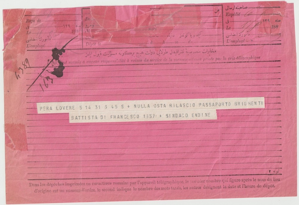 Rare Pink Ottoman Empire Telegram 1880s - Bilingual French-Ottoman - Pera/Galata