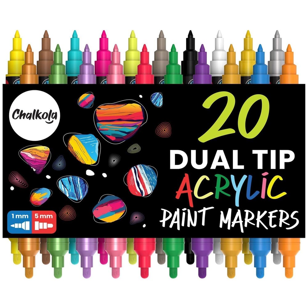Chalkola 20 Acrylic Paint Pens Dual Tip - Acrylic Markers for Rock Painting, ...