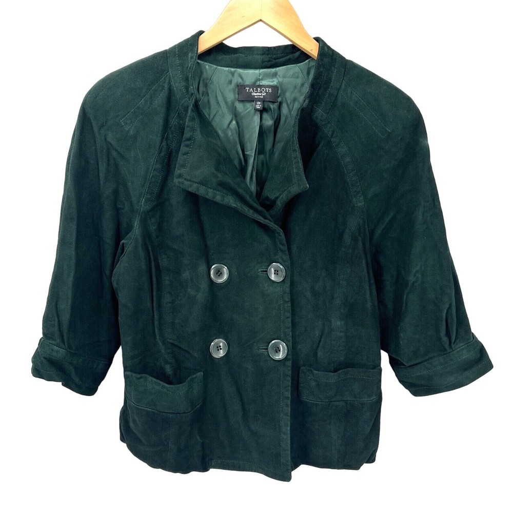 Talbots Suede Jacket Womens Petite 12 12p Green Leather Blazer 3/4 Sleeves