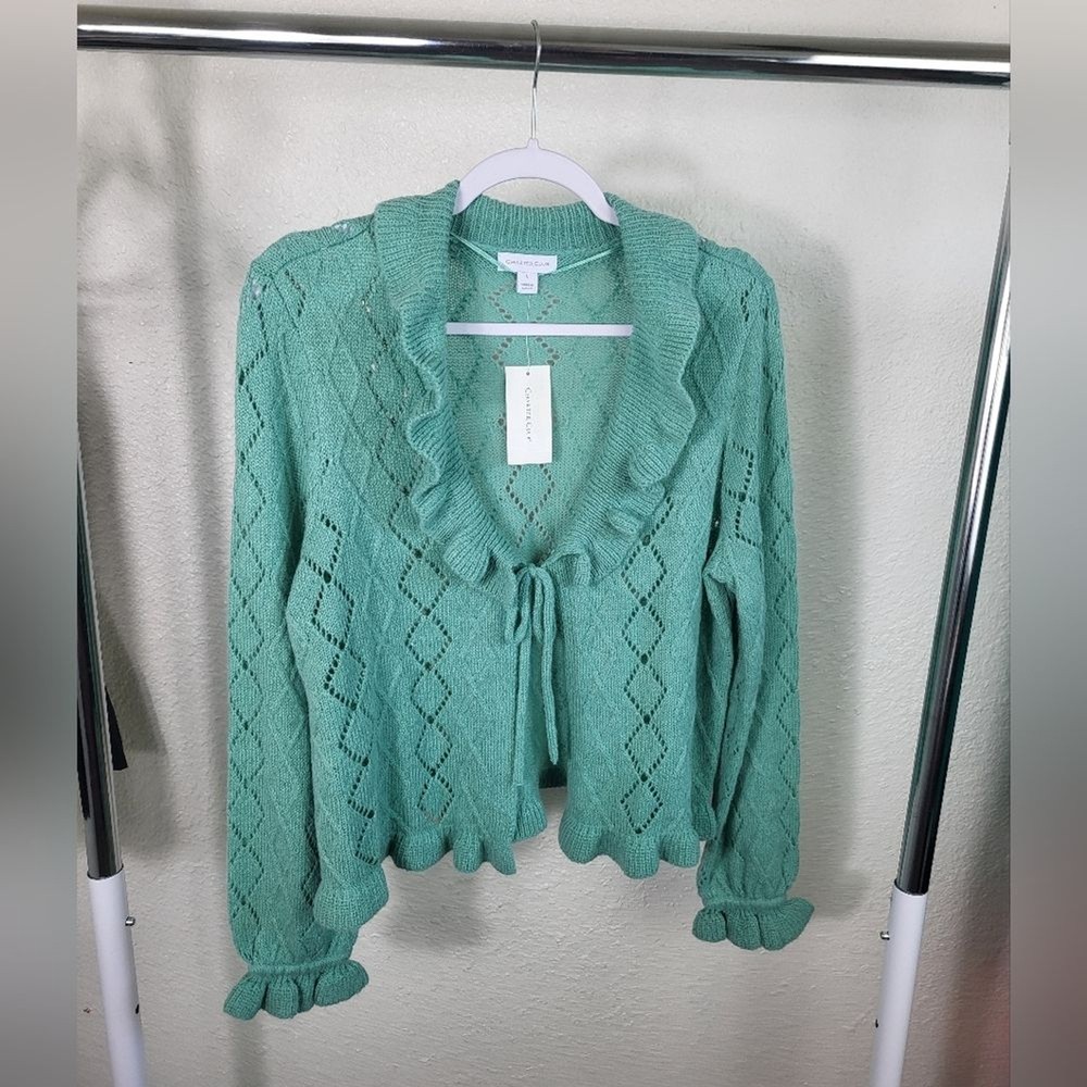 Charter Club Wool Blend Ruffle Front Tie Cardigan Romantic Feminine Knit