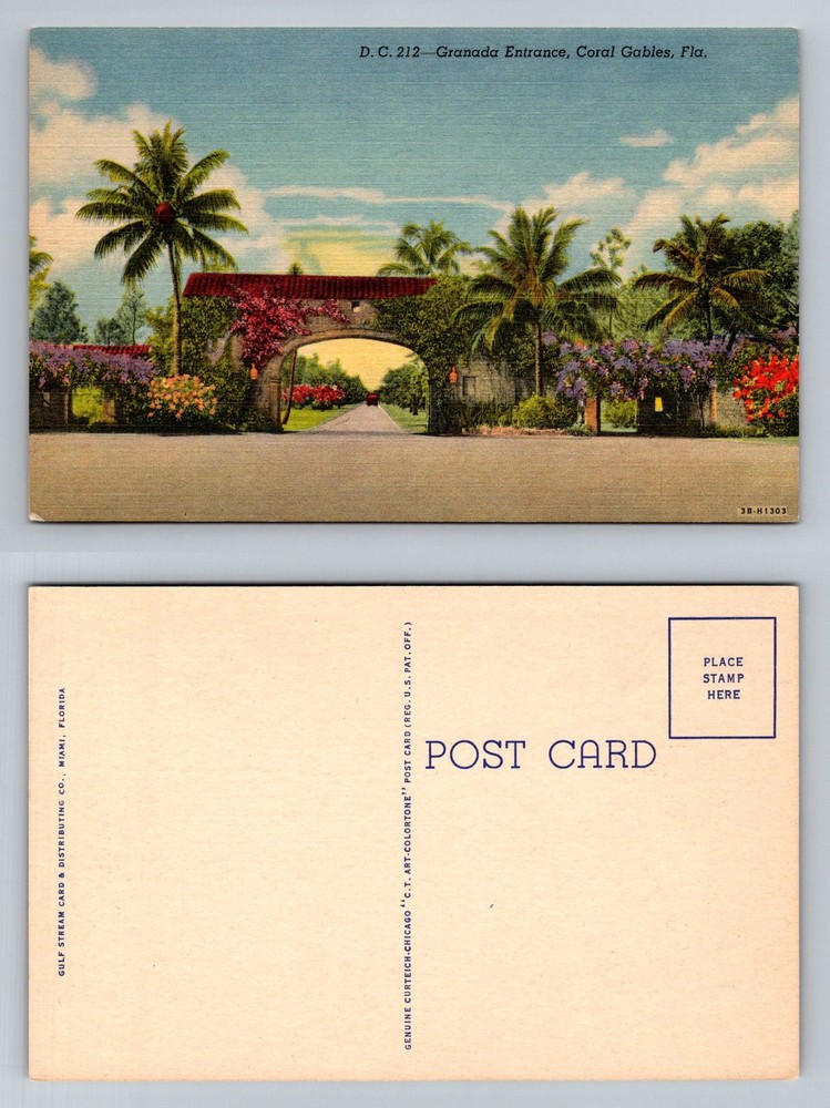 Coral Gables, FL-Florida, Granada Entrance Palms Flower Gardens Vintage Postcard