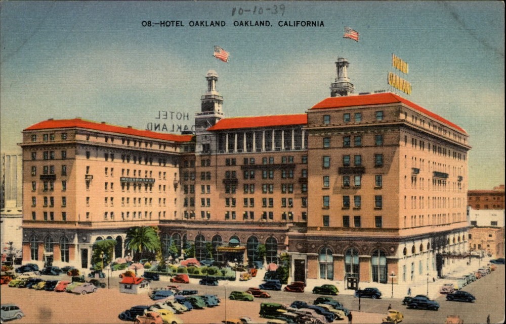 California Hotel Oakland vintage cars ~ 1930-40s linen postcard
