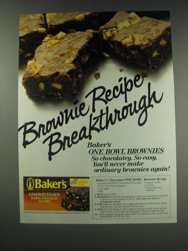 1991 Baker's Unsweetened Chocolate Ad - recipe for Chocolate Brownie
