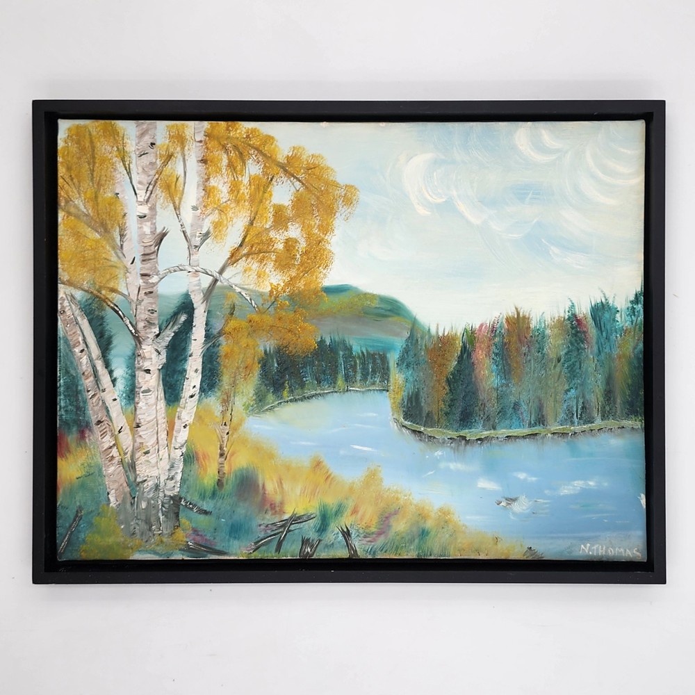 Vintage Original Norma Thomas Oil Painting Autumn Landscape Birch Trees River