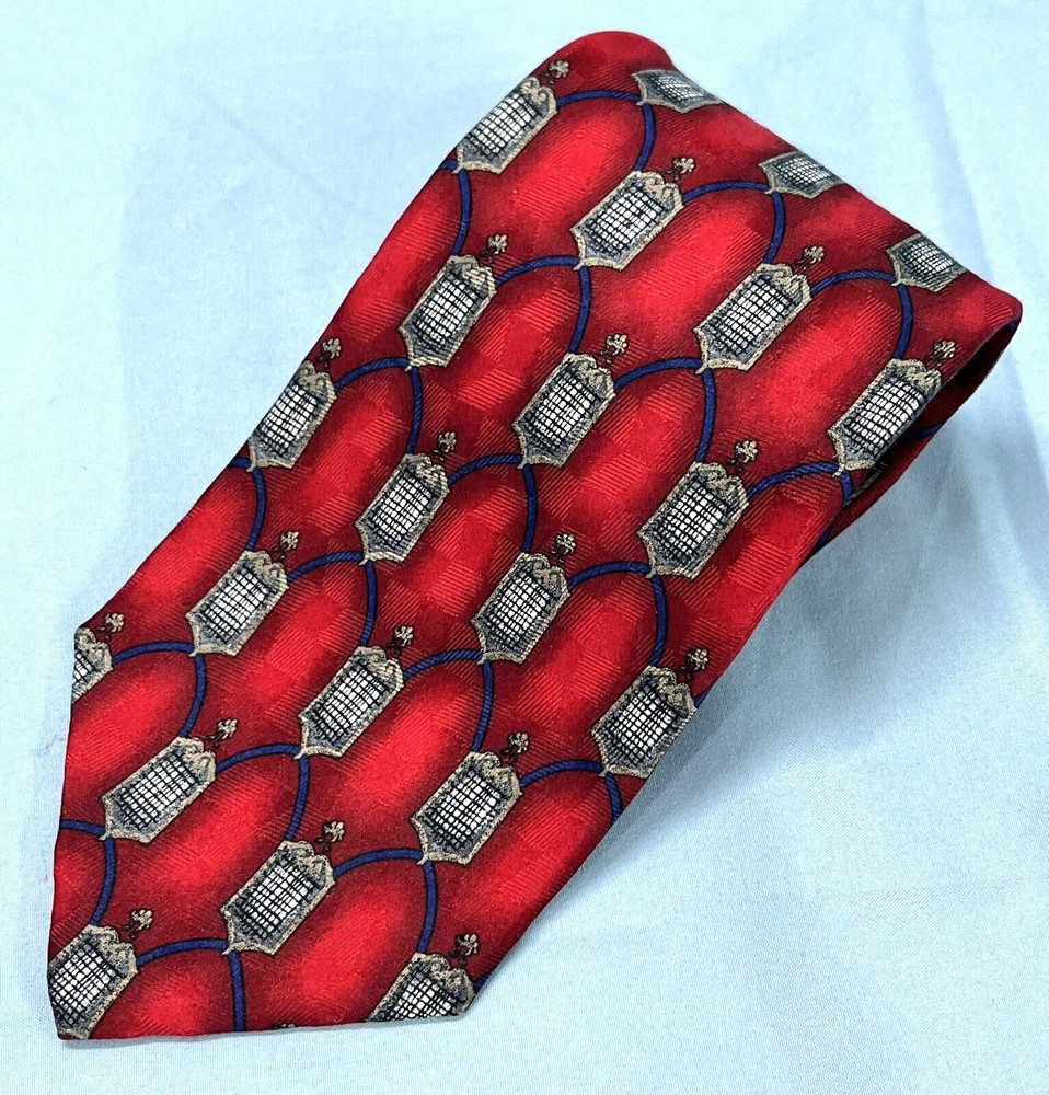 JZ RICHARDS Red/Blue UNIQUE GOTHIC ARCH PRINT Hand Made 100% SILK Men's NECK TIE