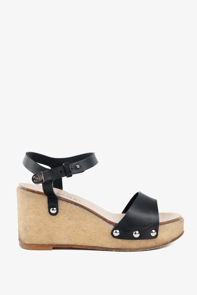 Chanel Black Leather Platform Wedge Sandals Size 7.5
