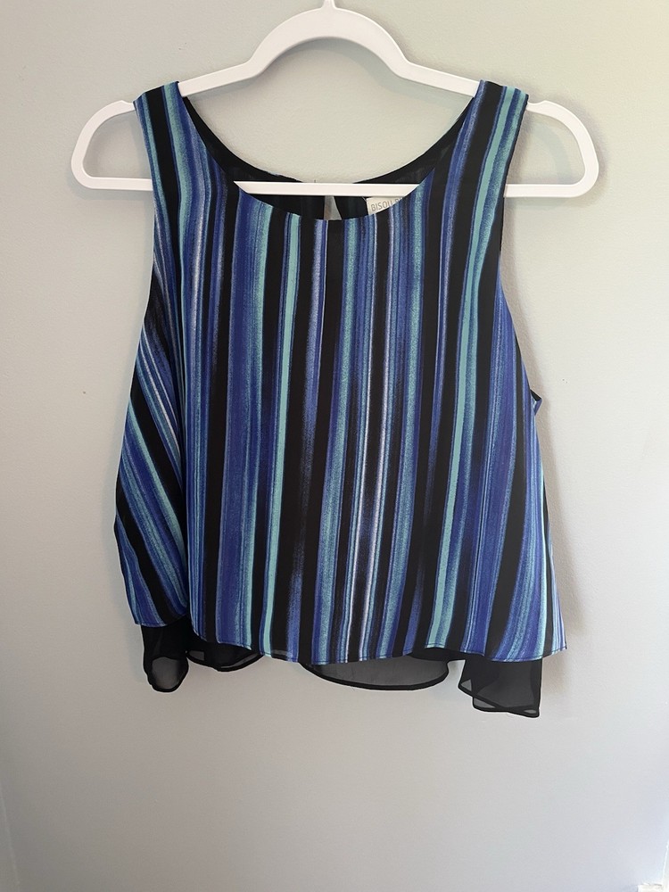 Bisou Bisou Women's Tank Top Sleeveless Black Blue Stripes Scoop Neck Size M