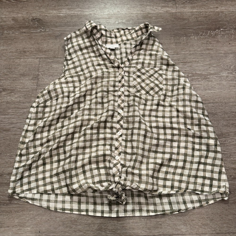 J Jill Top Womens Large Green Plaid Windowpane Silk Blend Button Up Blouse