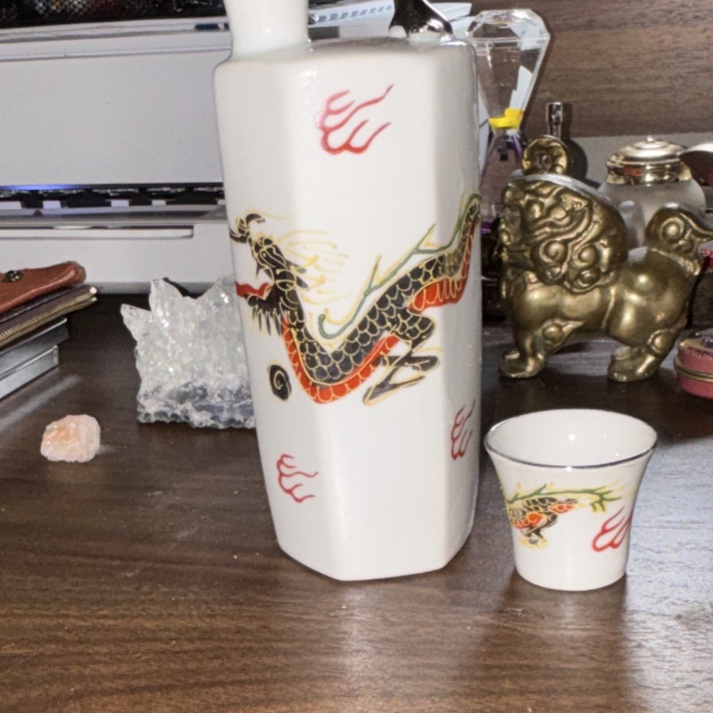 Kutani China Japanese Dragon Motif Sake Bottle and Cup Set Japanese Culture