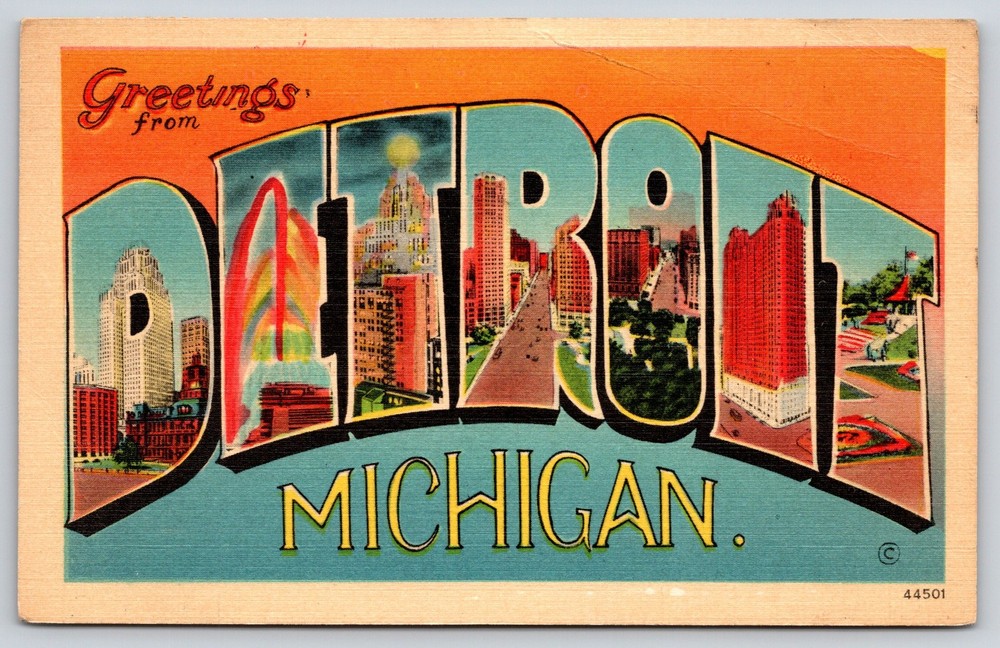 Greetings From Detroit Michigan~Fountain~Skyscrapers~Large Letter Linen 1946 PC