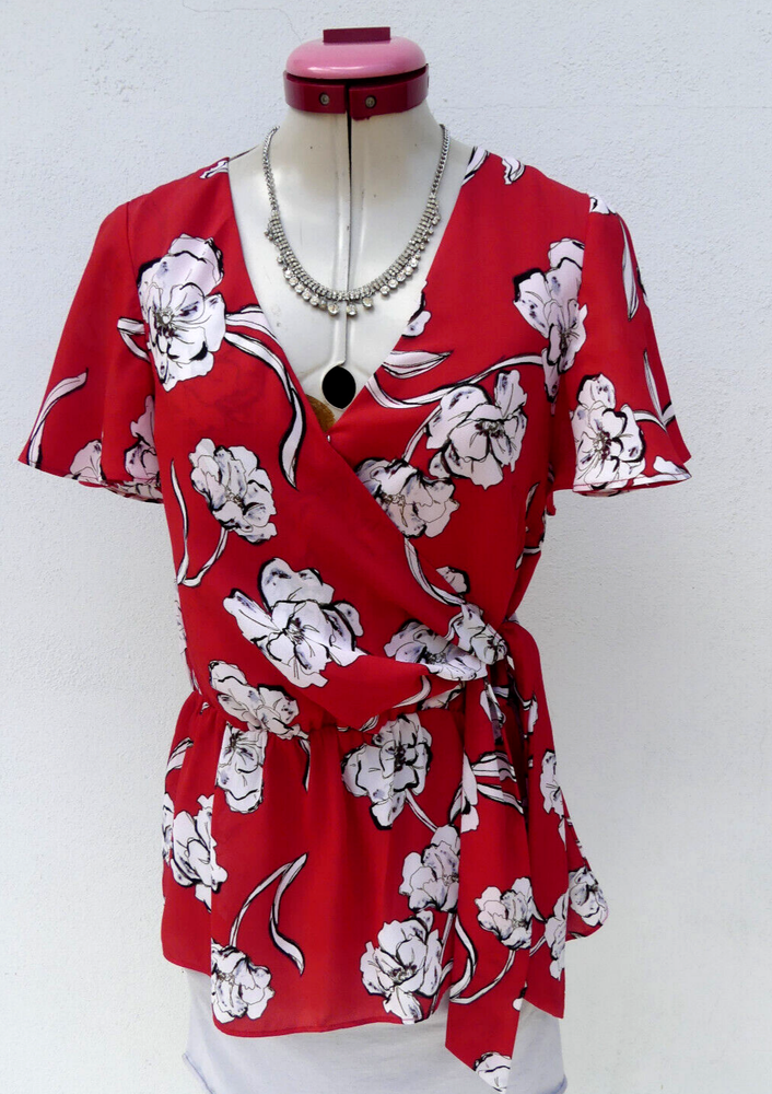 Portmans Red Floral Side Tie Blouse Size AU 10 White Desk to Dinner Date Top