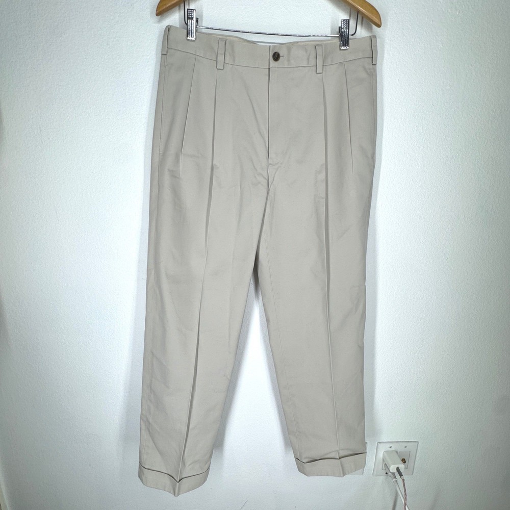 Brooks Brothers Advantage Chino Elliot Khaki Pleated Cuffed Pants Mens 34x30