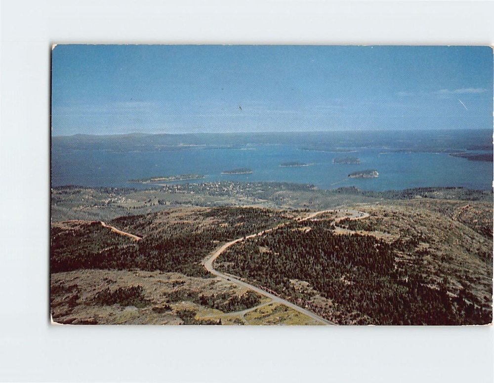 Postcard Aerial View Summit of Mt. Cadillac Bar Harbor & Frenchman's Bay Maine