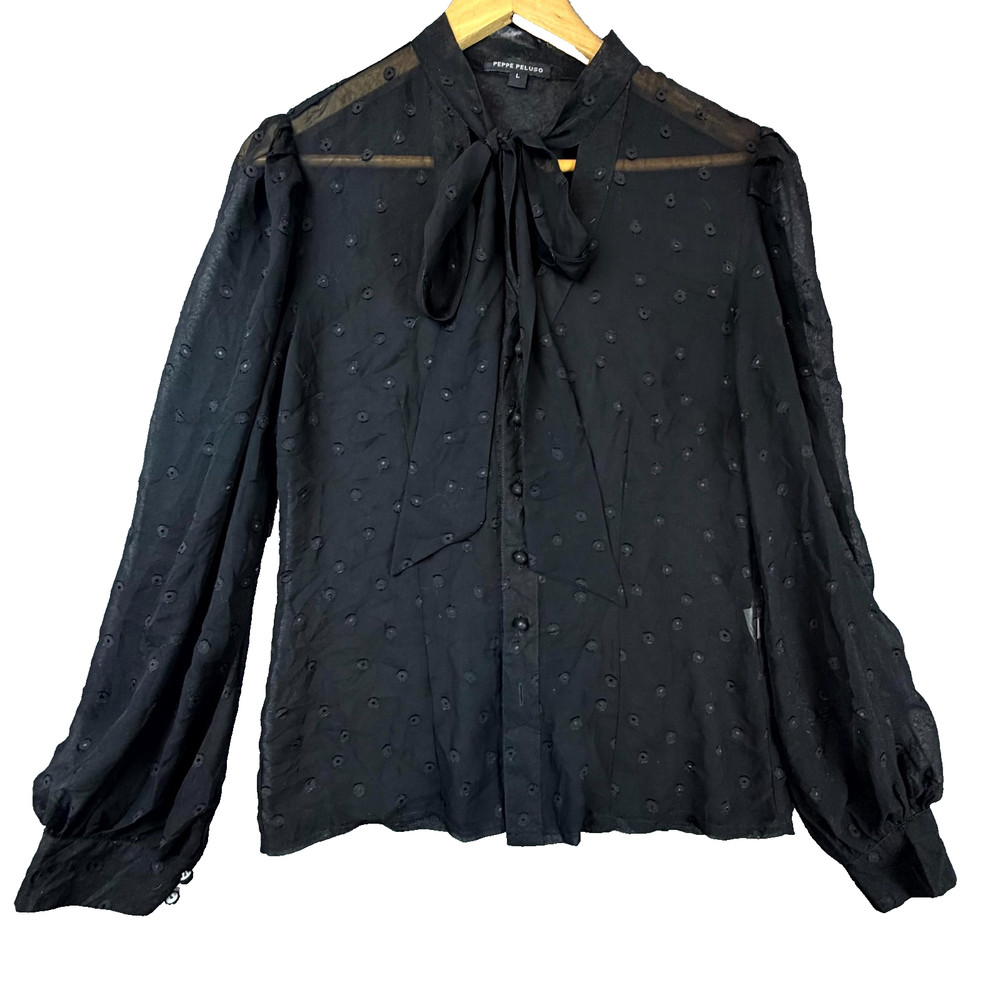 Peppe Peluso Blouse Top Womens L Black Clip Dot Pussy Bow Tie Neck Button Front