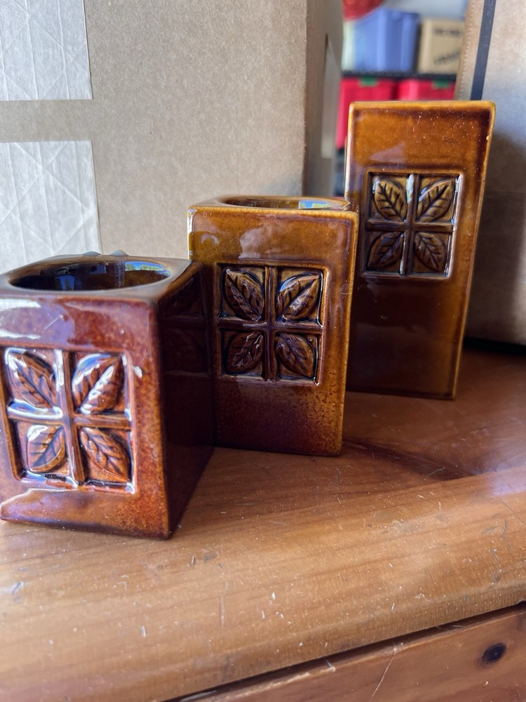 Vintage Ceramic Candle Holders Set of 3 Brown Glazed w Leaf Pattern Retro Decor
