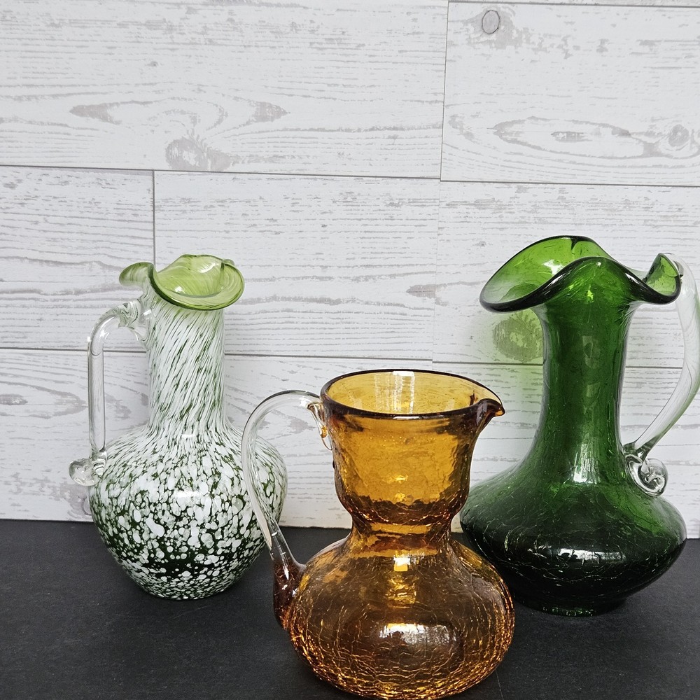 Lot Of 3 Hand Blown Crackle Glass Pitcher Vases Amber, Forest Green White/Green