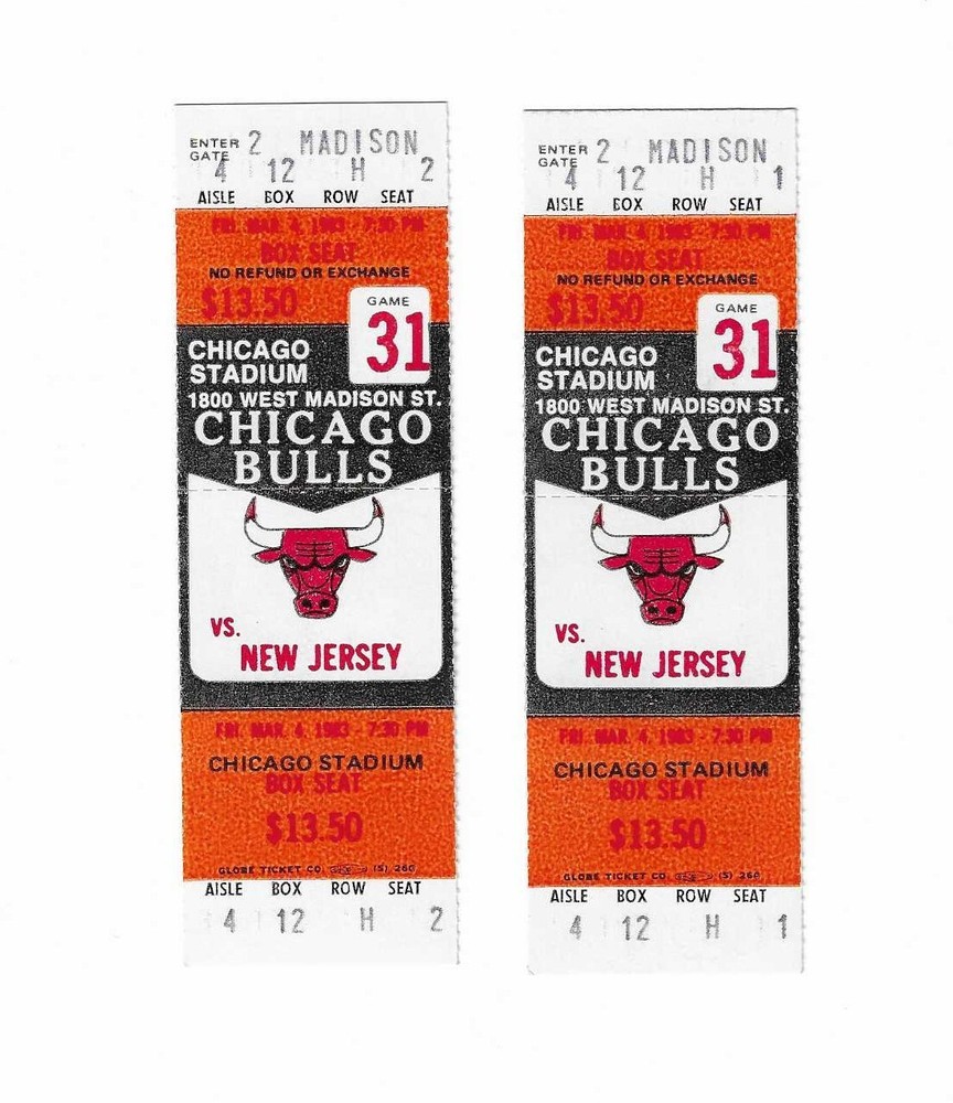 Chicago Bulls vs New Jersey Nets Unused Basketball Tickets From 3/4/1983