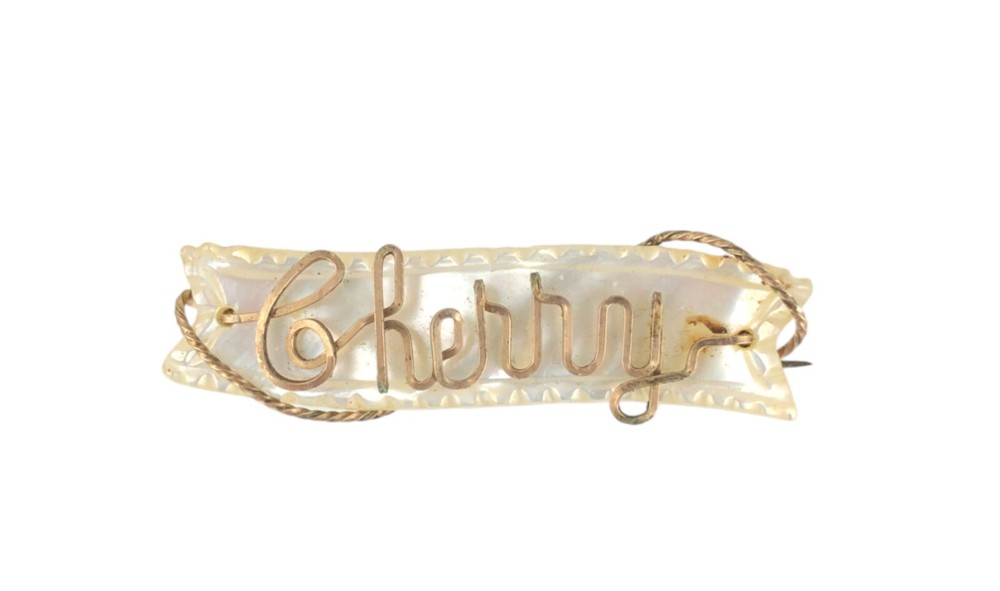 Vtg Gold Tone Wire Name CHERRY Pin Brooch Cursive Writing MOP Mother of Pearl
