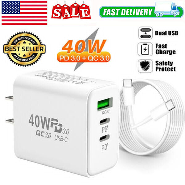 40W Dual PD Fast Wall Charger for iPhone 15 Pro Max 14 13 12 Plus