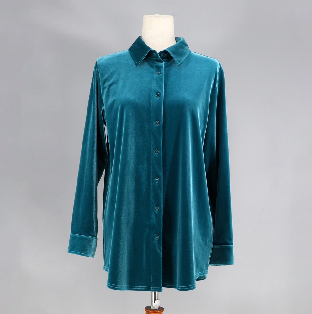 SOFT SURROUNDINGS Velvet Boyfriend Tunic Button Down Shirt Teal Blue Size S