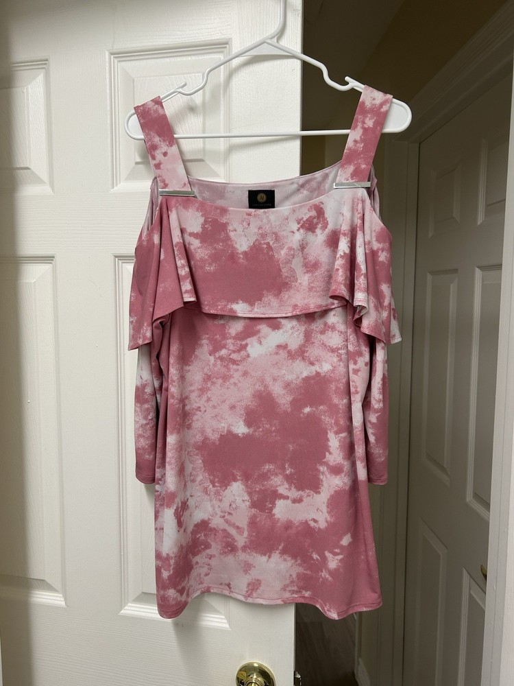 JM Collection Pink White Tie-Dye Cold-Shoulder Top Size XL