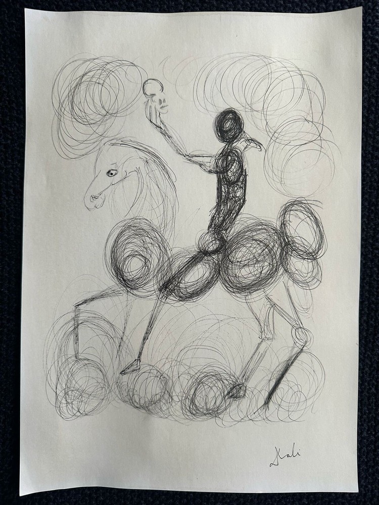 Salvador Dali drawing and painting on old paper signed stamped vintage