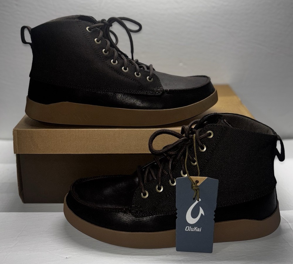 NEW IN BOX Olukai Molina Casual Boots Dark Wood Brown 10.5 Leather Canvas Boot