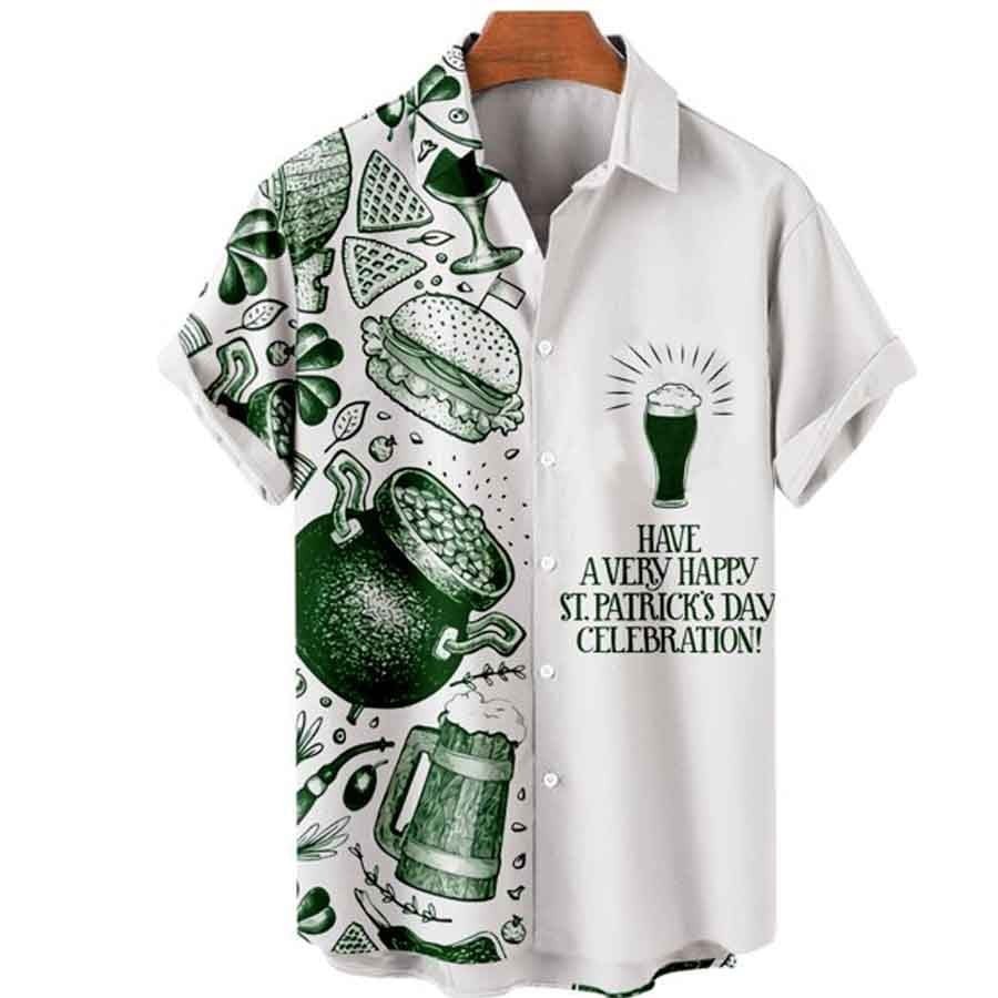 St Patricks Day Lucky Clover Pattern Hawaiian Shirt Short Sleeve Button Up Wear