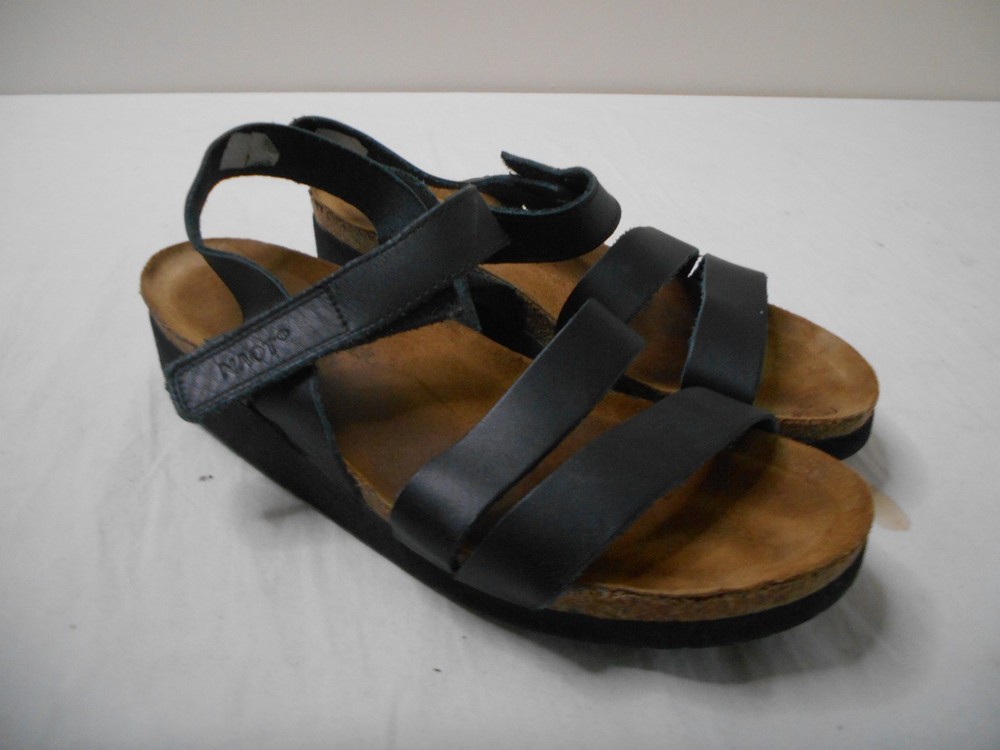 Naot Kayla Black Leather Ankle Strap Low Wedge Sandals Women's 41/10