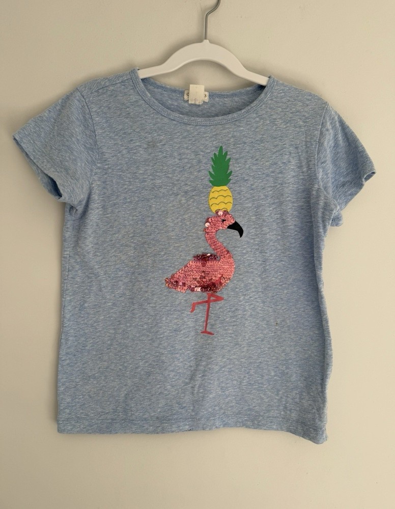 Crewcuts Heather Blue Sequins Pink Flamingo Pineapple T Shirt GIRLS Size 8