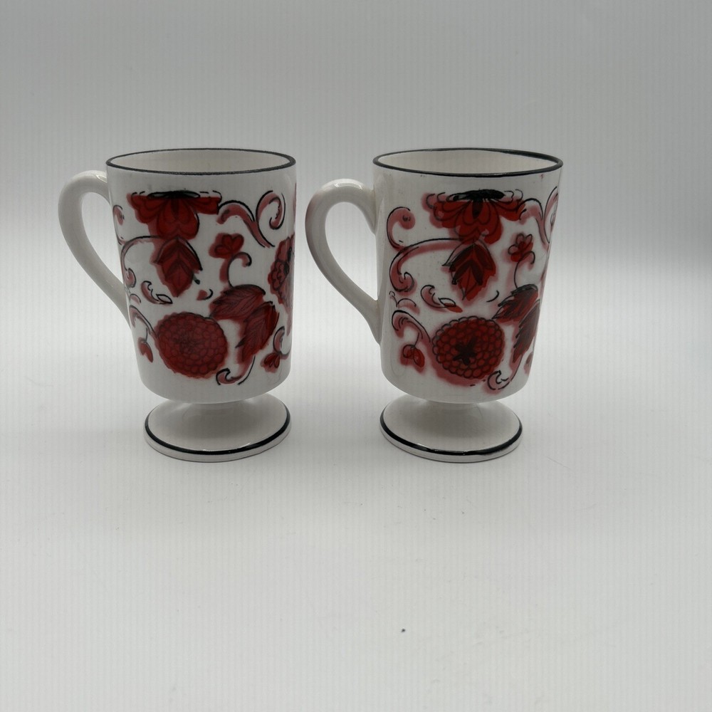 Vtg Holt Howard Coffee Mugs Red White Floral MCM Set of 2 Footed  1965