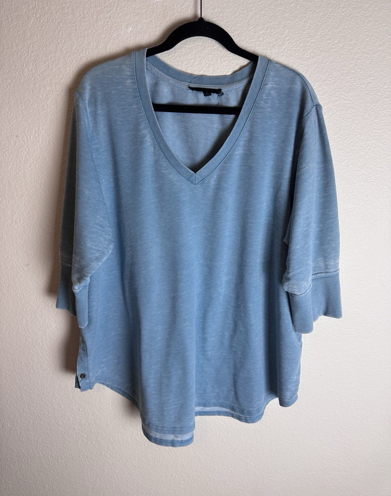 Jane + Delancey Blue Solid Knit V-Neck Button Accent Top 3/4 Sleeve XL
