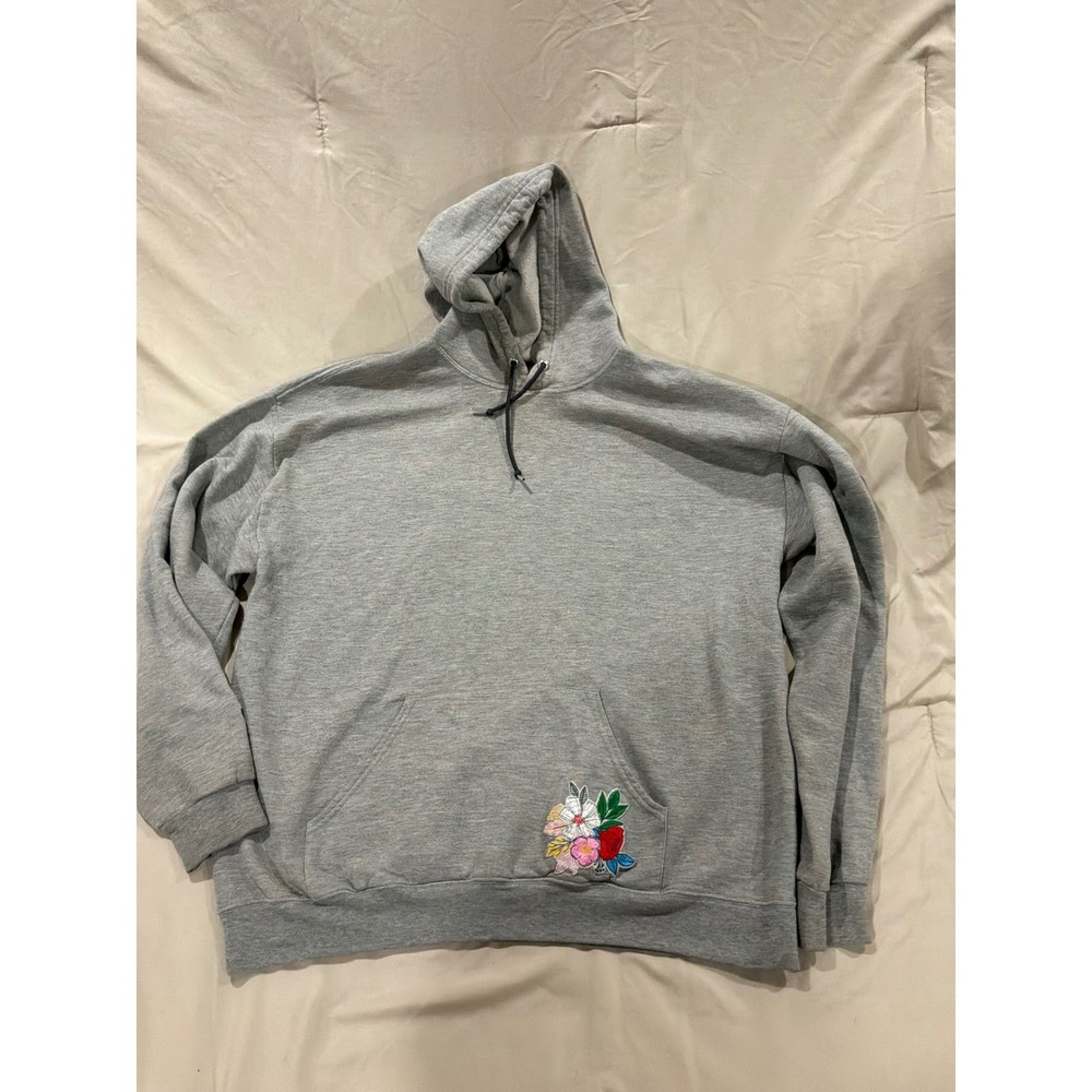 Fruit of the Loom Womens XL Gray Floral Embroidered Pullover Hoodie Sweatshirt