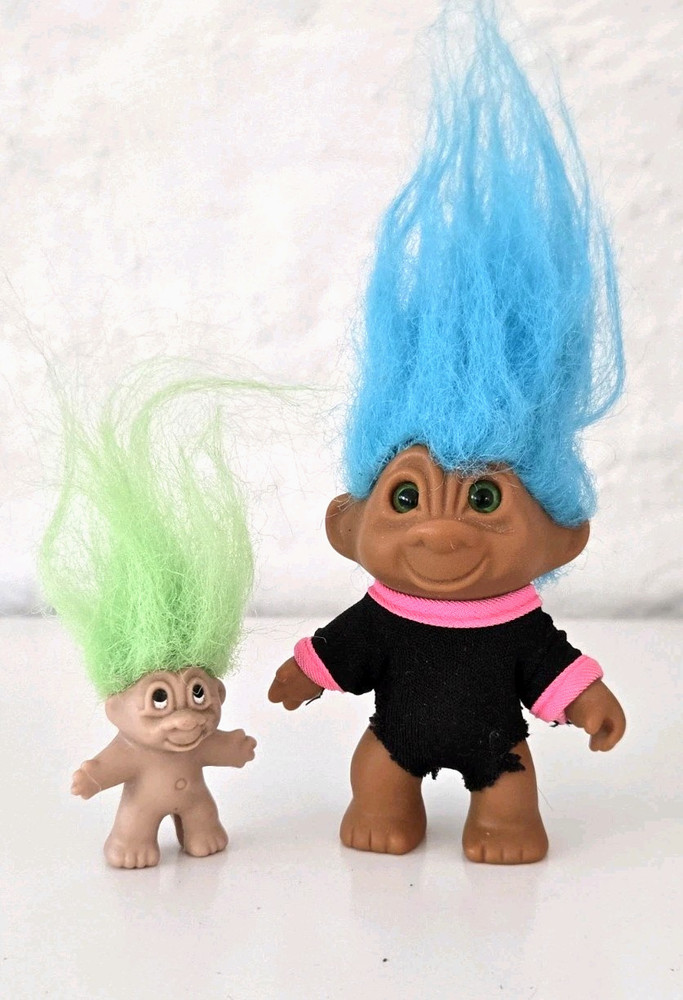 2 VINTAGE TROLL DOLLS Blue Hair Green Eyes w/Jacket and Pencil Topper Green Hair