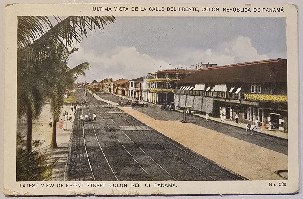 White Border Postcard Front Street Colon Panama I.L. Maduro Balboa CZ Stamp
