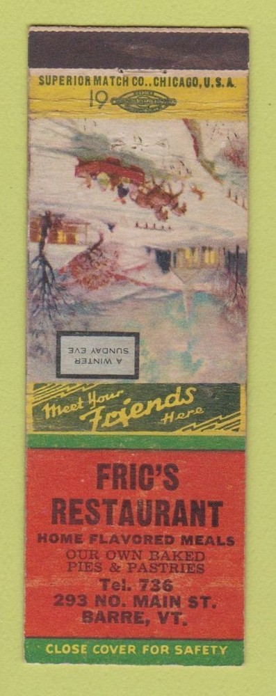 Matchbook Cover - Fric's Restaurant Barre VT Christmas WORN