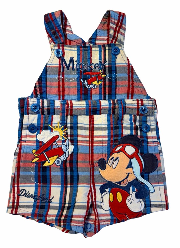 Disney Parks Mickey Mouse Plaid Overalls Shorts Romper 6 Months Disneyland