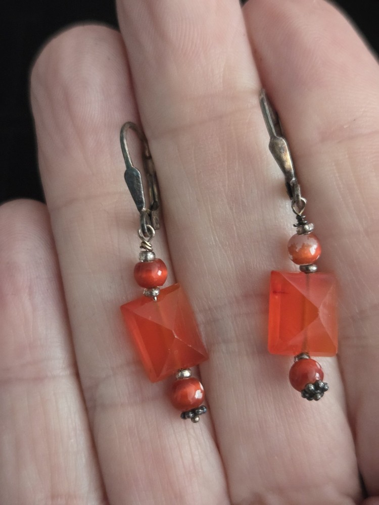 Vintage Sterling Silver Earrings, .925 dangle  Glass Orange Carnelian?