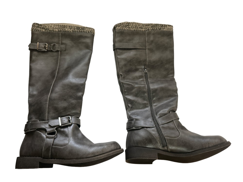 JustFab Boots Rubie Wide Sz 9  Gray Knee High Vegan Leather Lined Motocore Biker