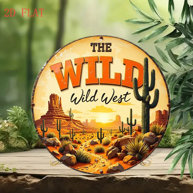Western Desert Cactus Sunset Round Metal Wall Decor