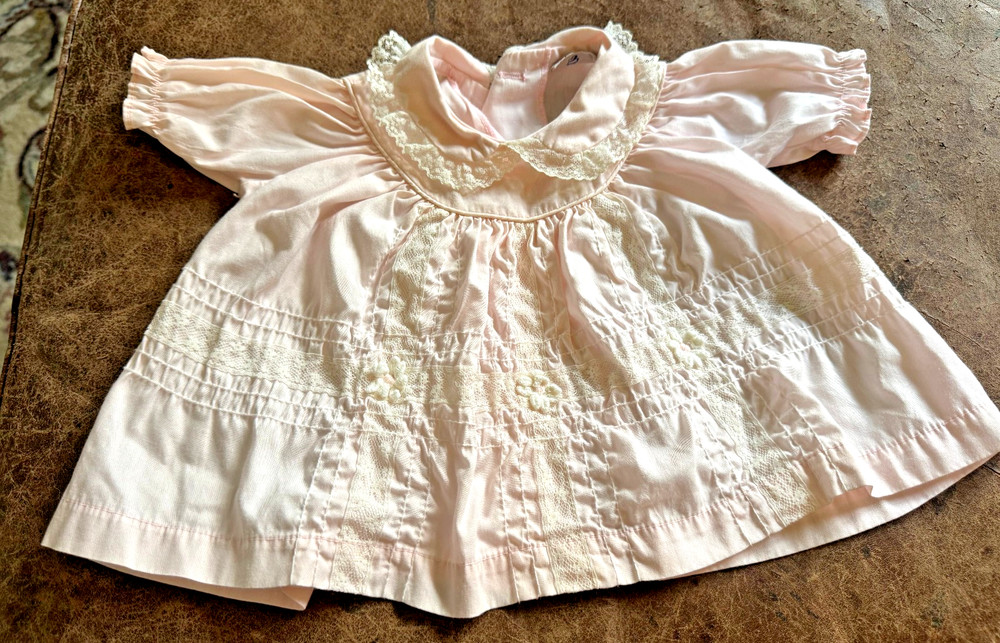 Vintage 80s Pink Fawn Fashions Baby Infant Dress L 21-28lbs Lace Trim Cotton +