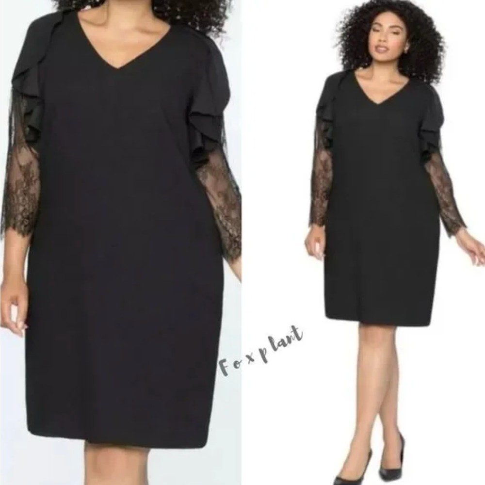 New!  Eloquii black lace long sleeves ruffle V neck midi sheath dress, size 18