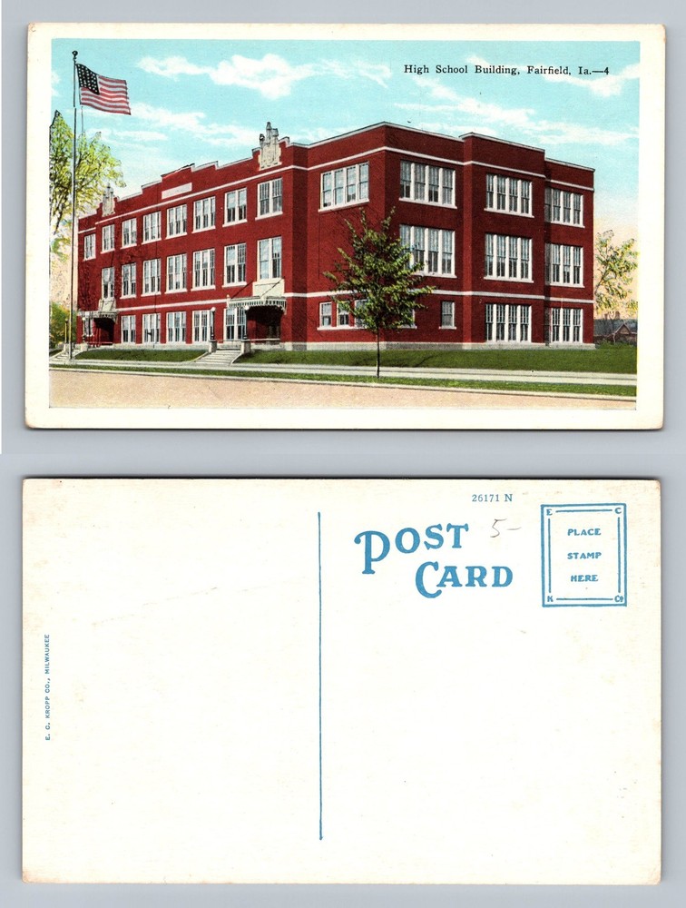 Fairfield, IA-Iowa, High School Building Red Brick Flagpole Vintage Postcard